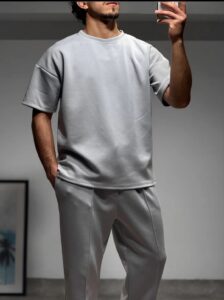 Tee-shirt néoprène gris perle Lostale — oversize col rond avec pantalon assorti homme