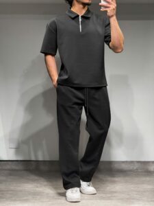 Tee-shirt néoprène noir Lostale — col polo zippé avec pantalon assorti homme